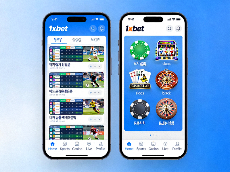 1xbet 모바일 앱이 설치된 스마트폰 화면 - 스포츠 베팅과 카지노 게임 인터페이스가 표시됨